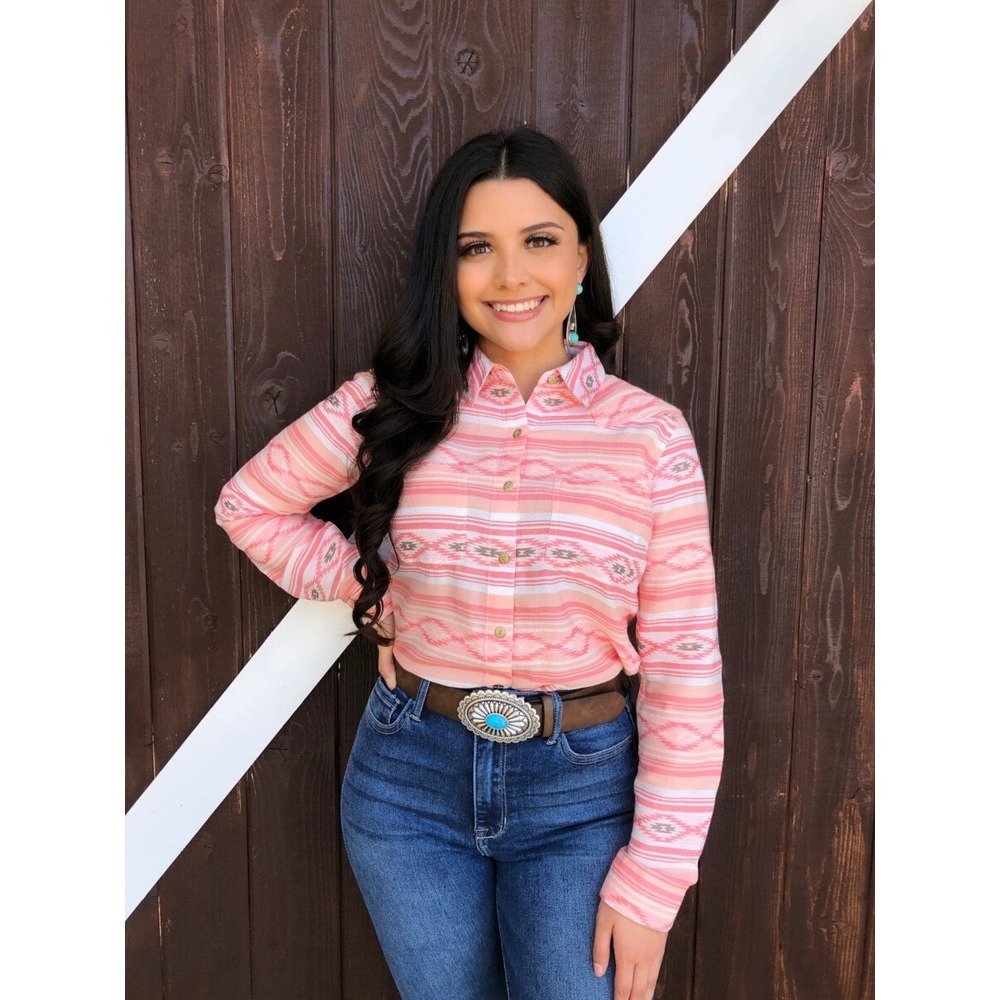 Ariat REAL Women XXL Pink Orange Southwestern Western Relaxed Button Up Shirt